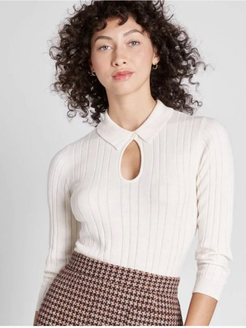 MODCLOTH Keyhole To My Heart Ribbed Knit 3/4 Sleeve Sweater Cream Size Large
